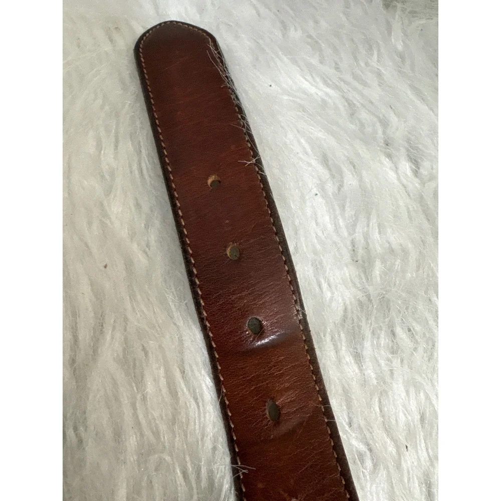 Eddie Bauer Brown Leather Belt Made in USA Rugged Silver Buckle 26-34 Inch